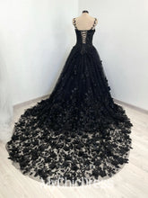 Mychicdress Black Floral Gothic Wedding Dresses with 3D Flower Sweep Train